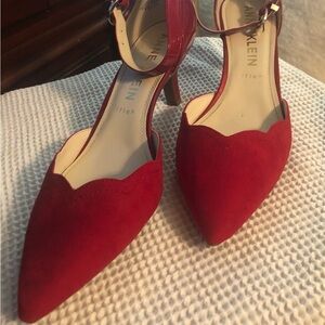 Anne Klein Red Suede and Satin ankle strap shoes, size 10M w/3 inch heels
